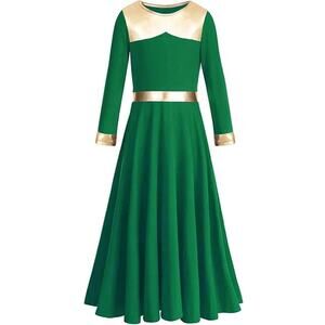 Dance Costume Church Formal Long Dress *NWT* Size 10 Girl Green Gold Long Sleeve